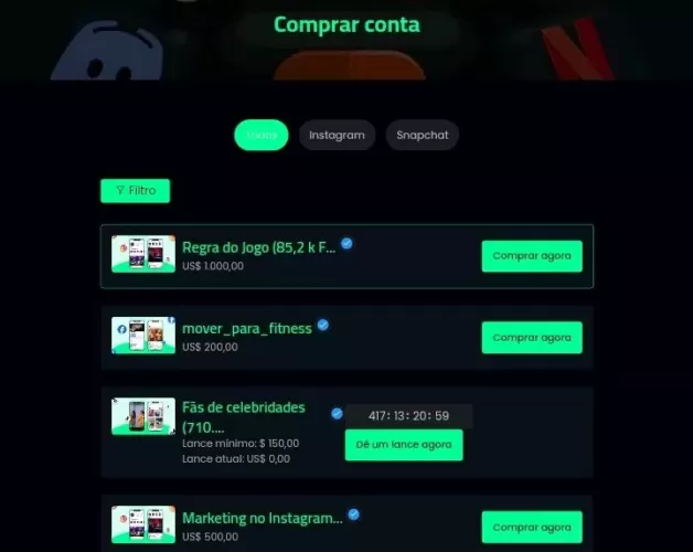 Sistema para venda de contas sociais