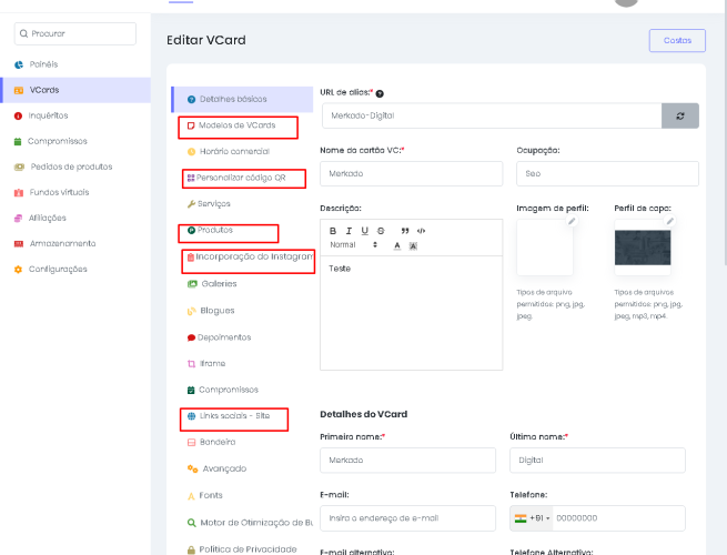 Construtor de Cartões de Visita Digital SaaS